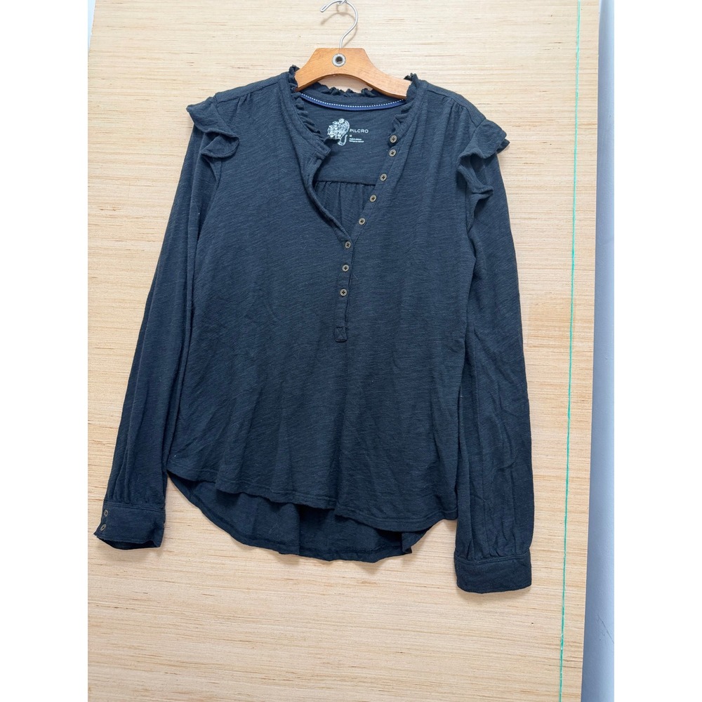 Pilcro and the Letterpress Black‎ Ruffle Henley Long Sleeve Top M Anthropologie